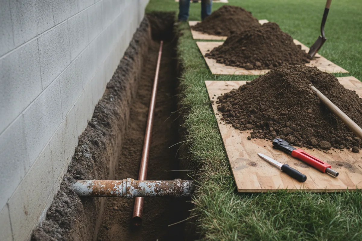 Excavated water line trench during Sewer Line Repair in Honea Path